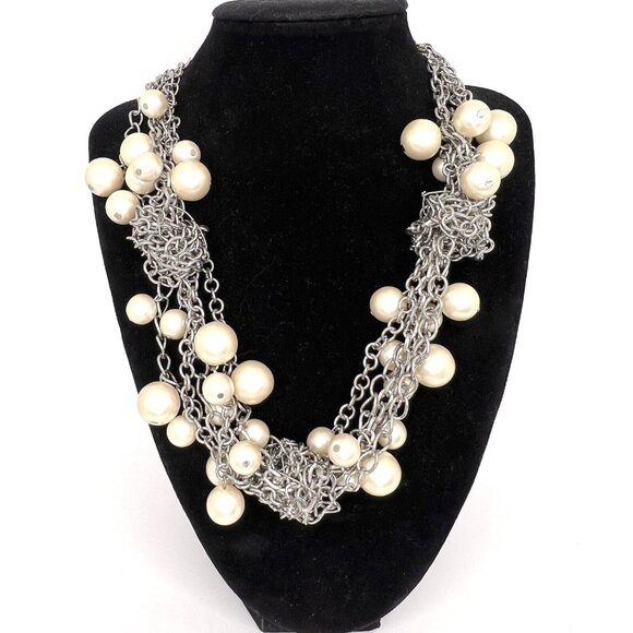 Vtg Silver Knot Multi Chain Faux Pearl Statement Necklace Edgy Chunky‎ Jewelry - Picture 1 of 6